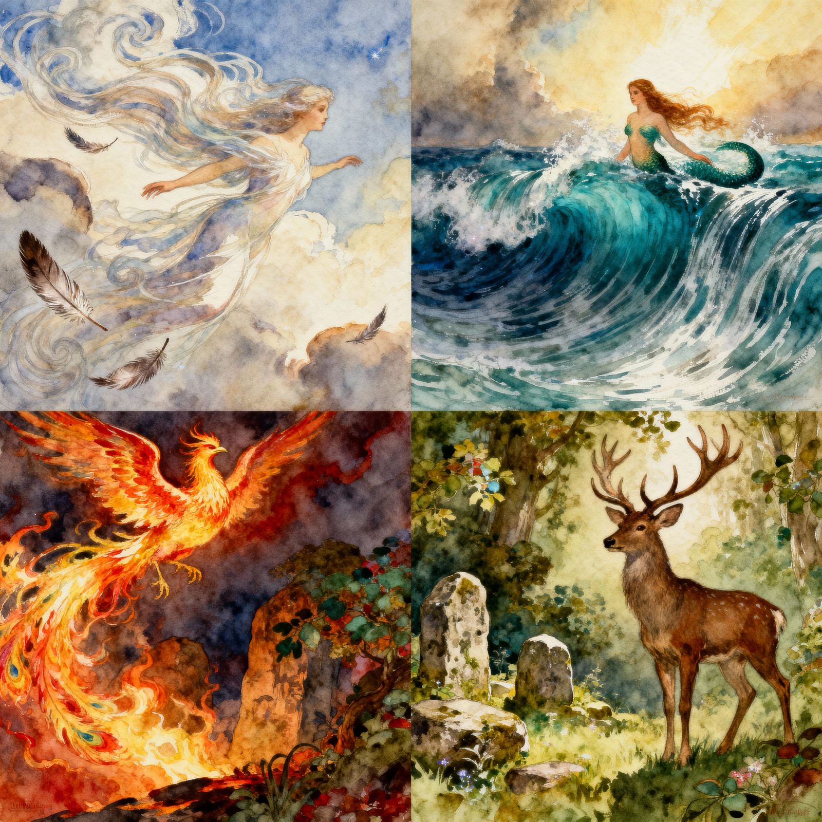 Whimsical Watercolor of the Four Elements in Expressive Styl...