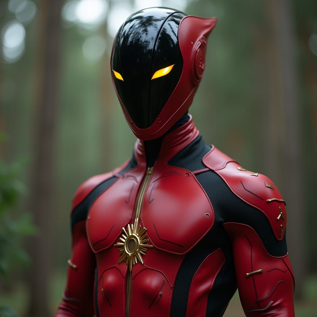 Red Comet Being in Dark Helmet with Yellow Eyes