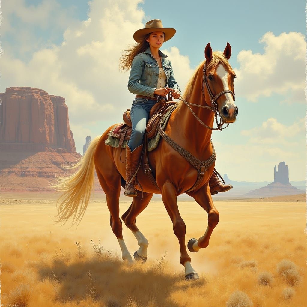 Cowgirl on Horseback in Western Art Style