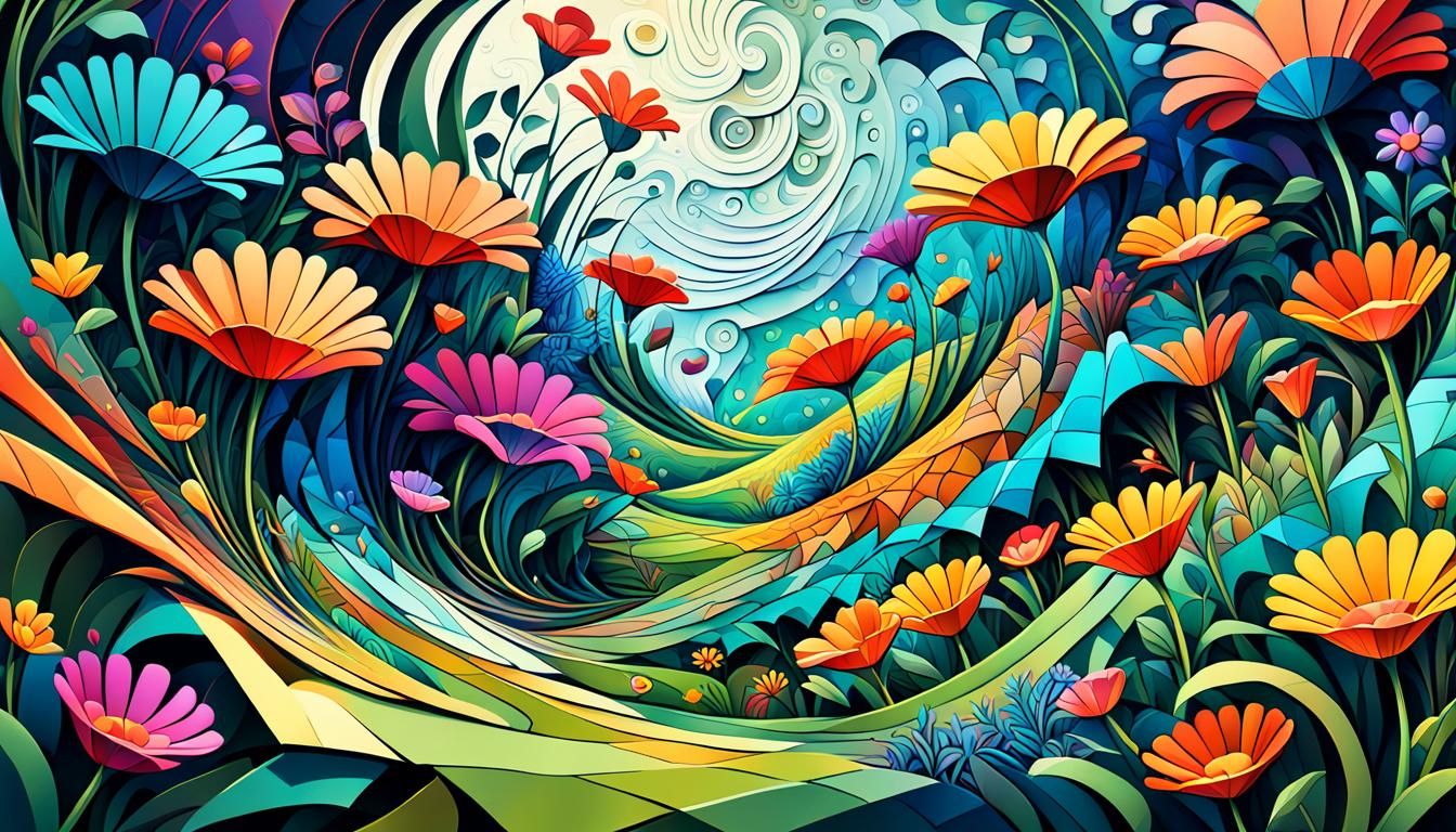 Abstract Wildflower Garden in Geometric Cubist Style