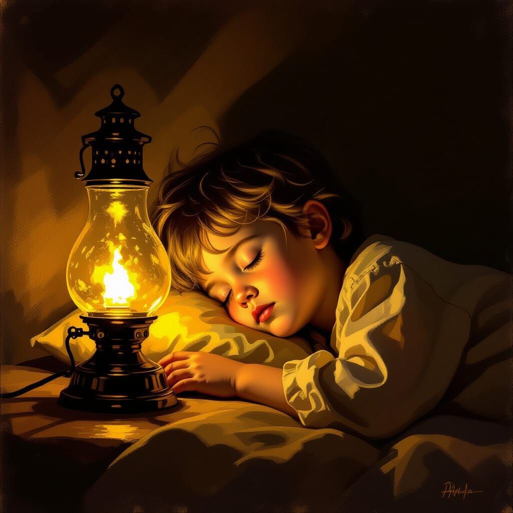 Child Sleeping by Golden Oil Lamp Light