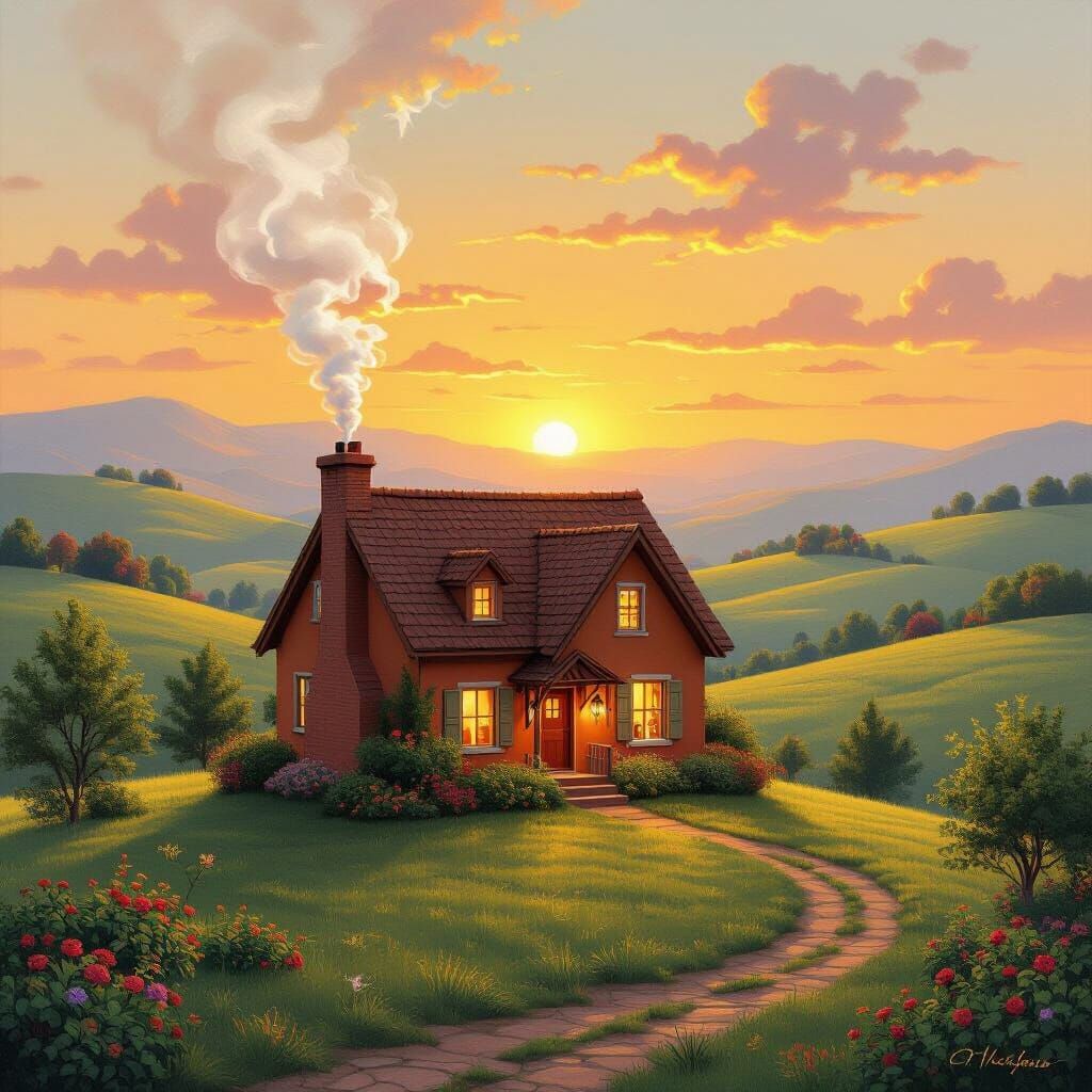 Cozy Cottage at Golden Sunset Landscape Painting