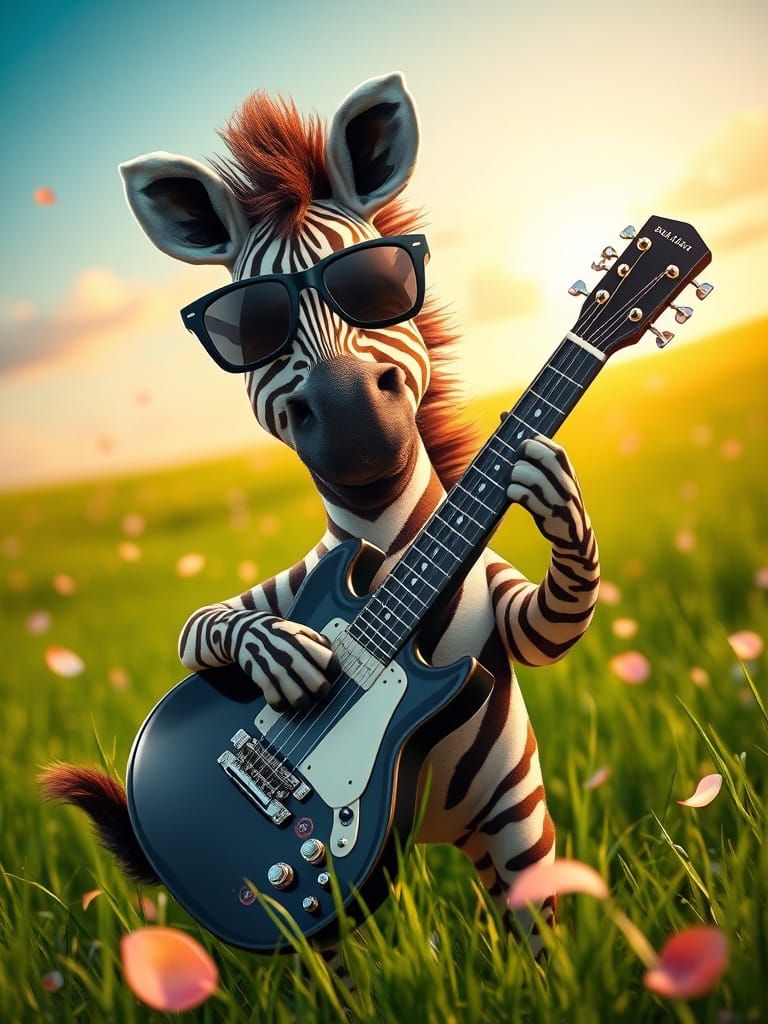 Cute Zebra Playing Guitar at Sunset Meadow