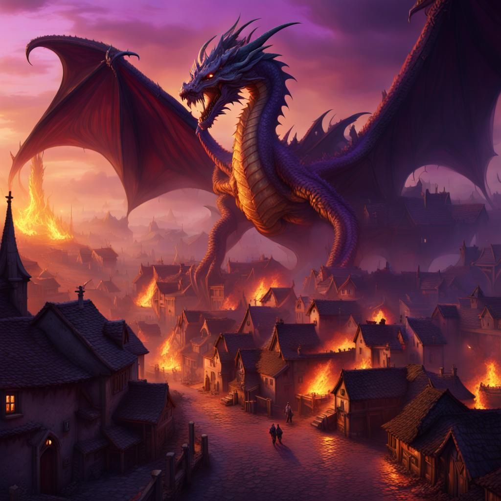 Epic Dragon Burns Village in Dark Fantasy Art