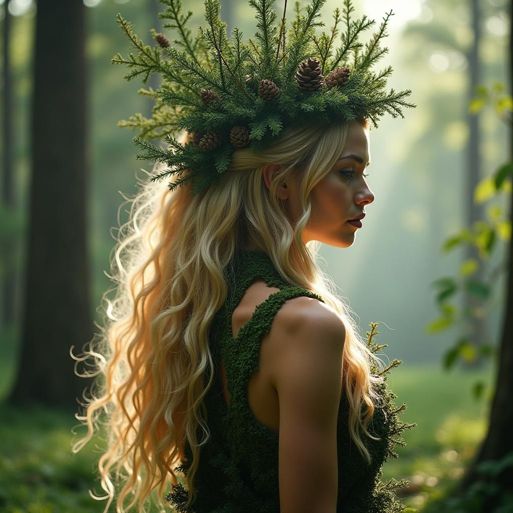 Woman with Cedar Tree Hair in Mystical Forest