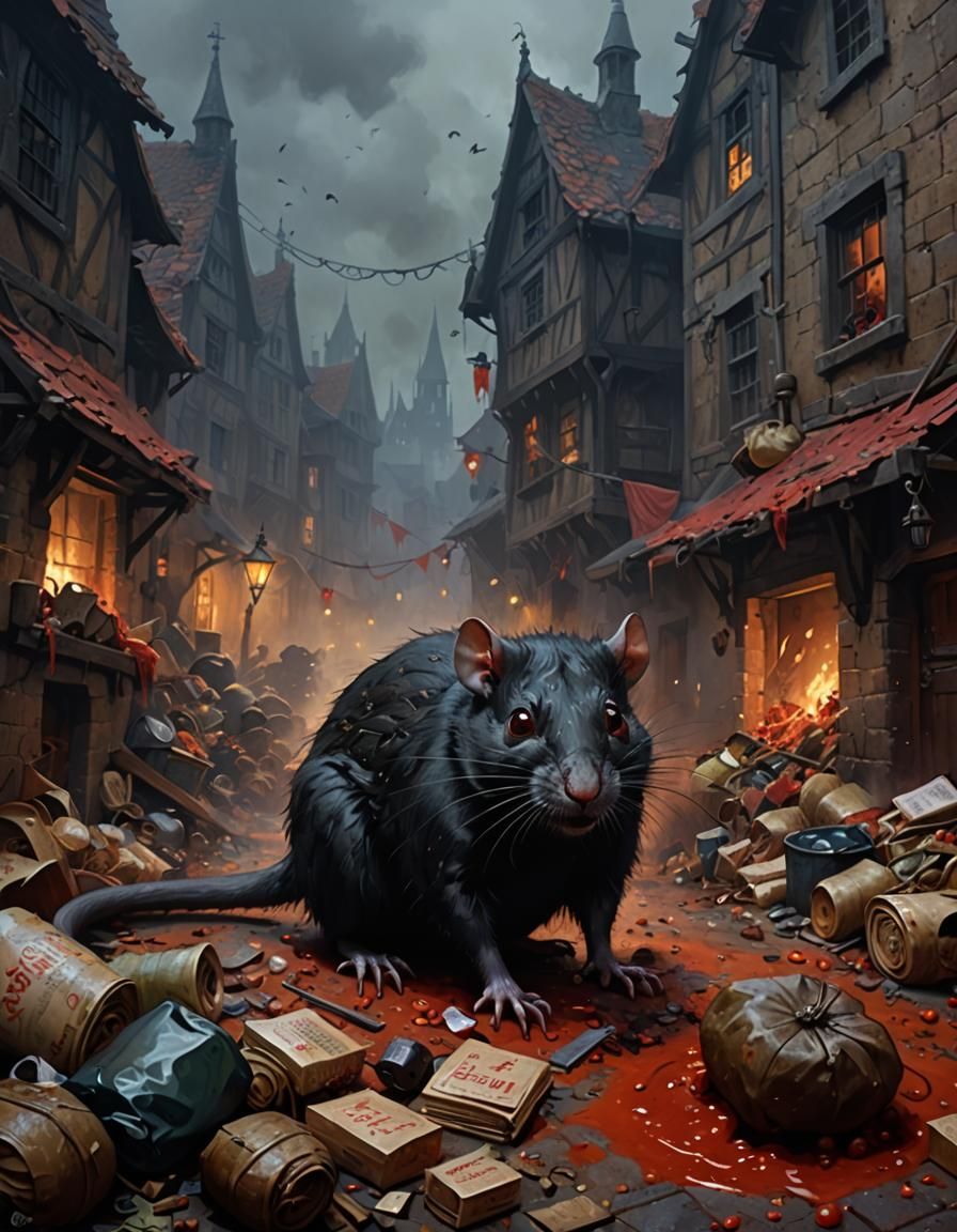 Sinister Medieval Street Scene with Glowing-Eyed Rat