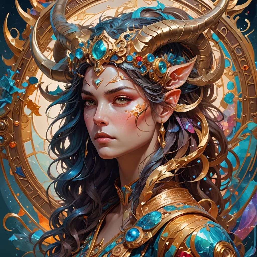 Surreal Colorful Capricorn Portrait in Art Nouveau Style