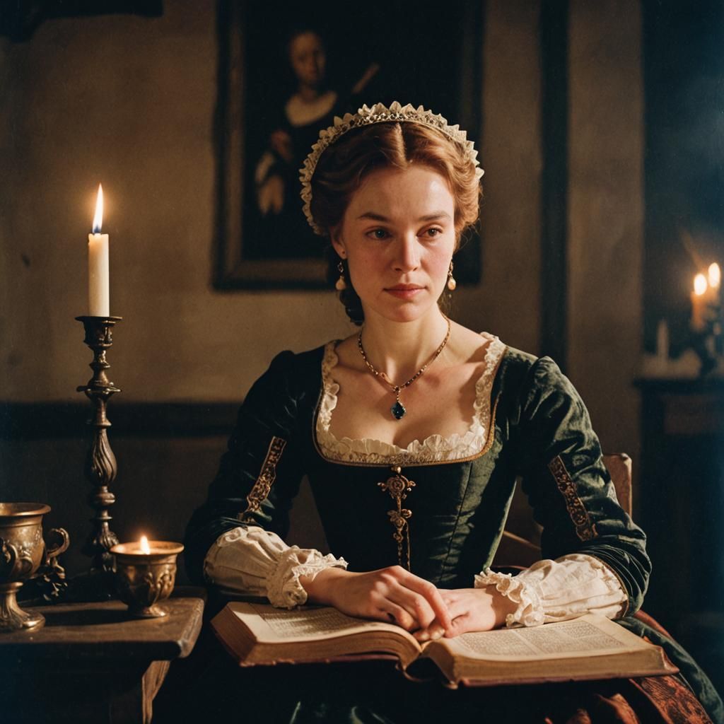 16th Century Lady with Book by Candlelight