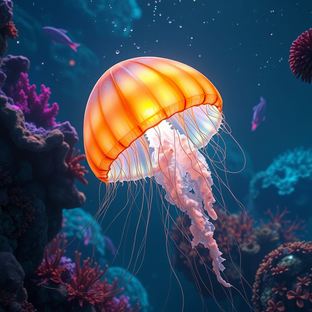 Bioluminescent Jellyfish in Alien Ocean: Hyperrealistic Rend...