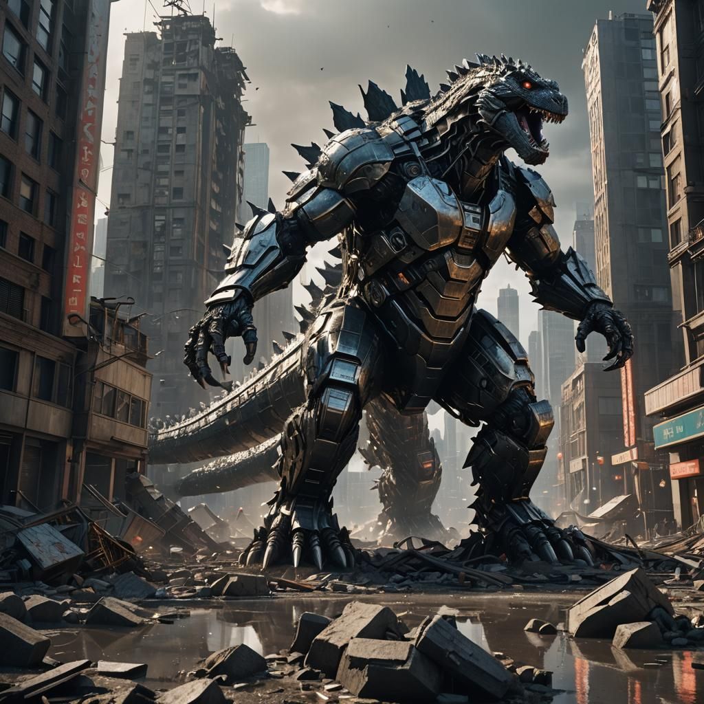 Mechanical Kaiju in Ruined Cityscape: Photorealistic Renderi...
