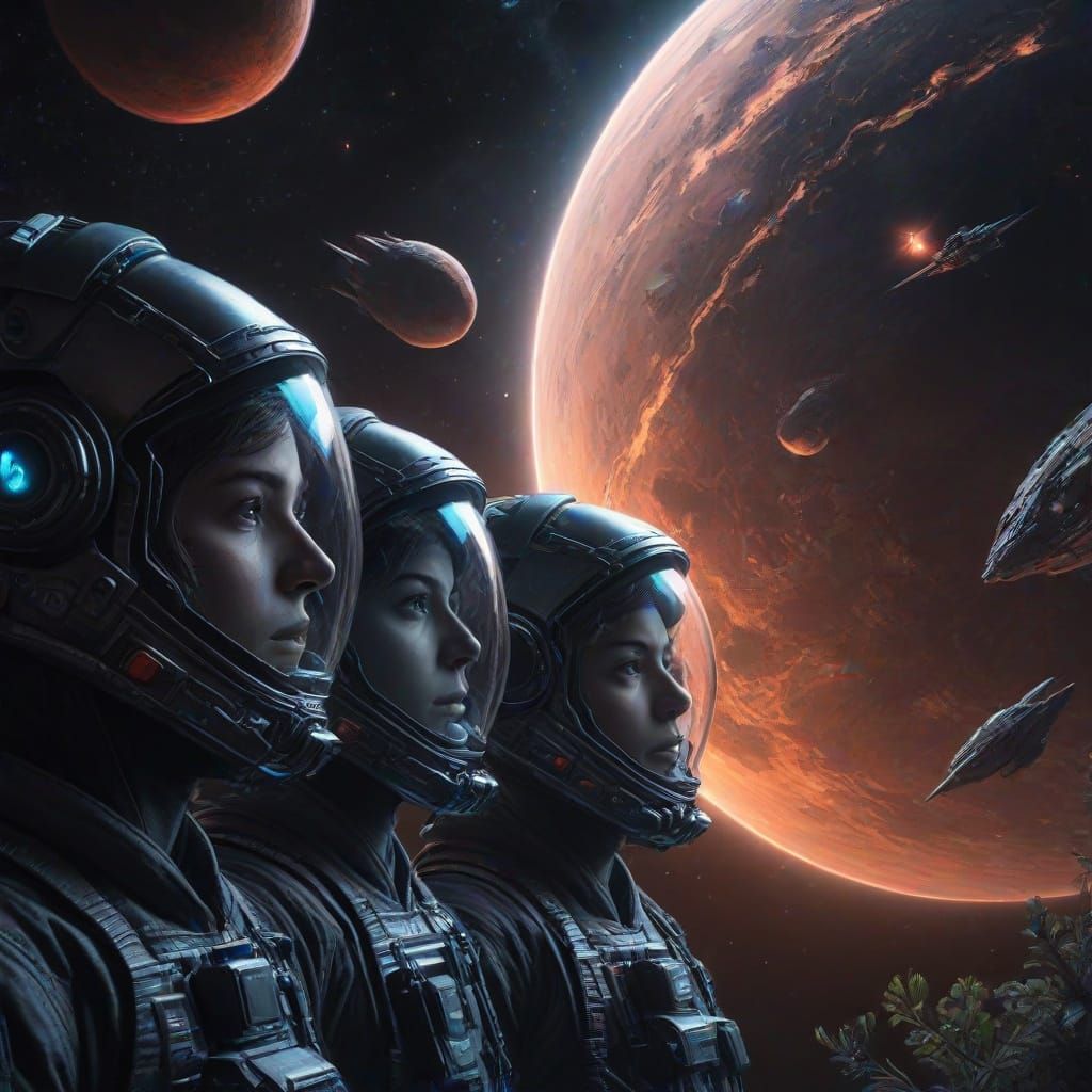 Starship Crew Observes Bioluminescent Planet in Charcoal