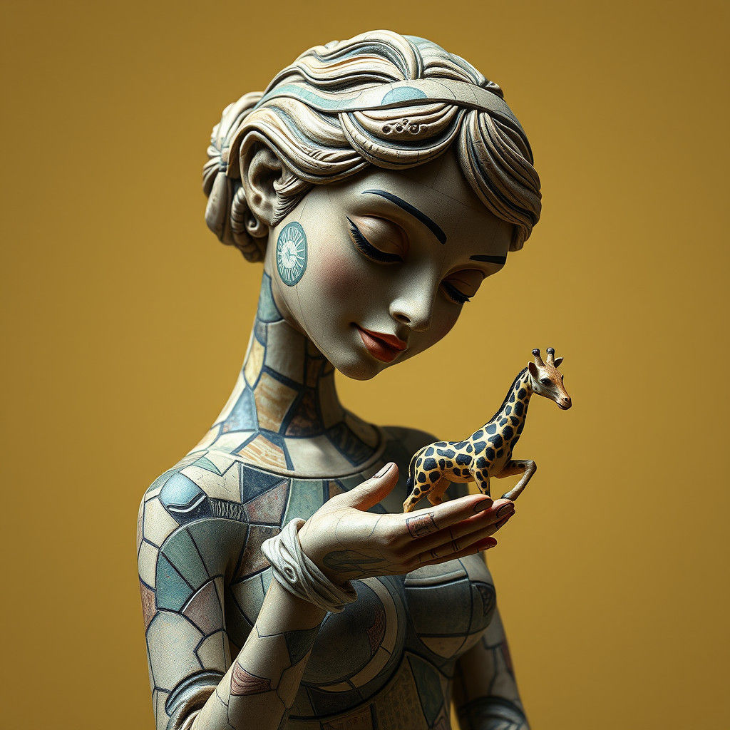 Cubist Ceramic Sculpture of Woman with Giraffe