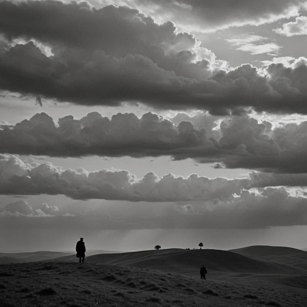 Moody Black and White Silhouette on Rolling Hill