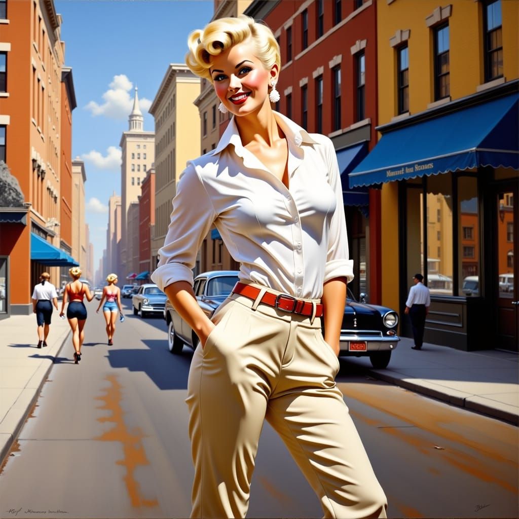 Impressionistic City Scene with Confident Blonde Woman
