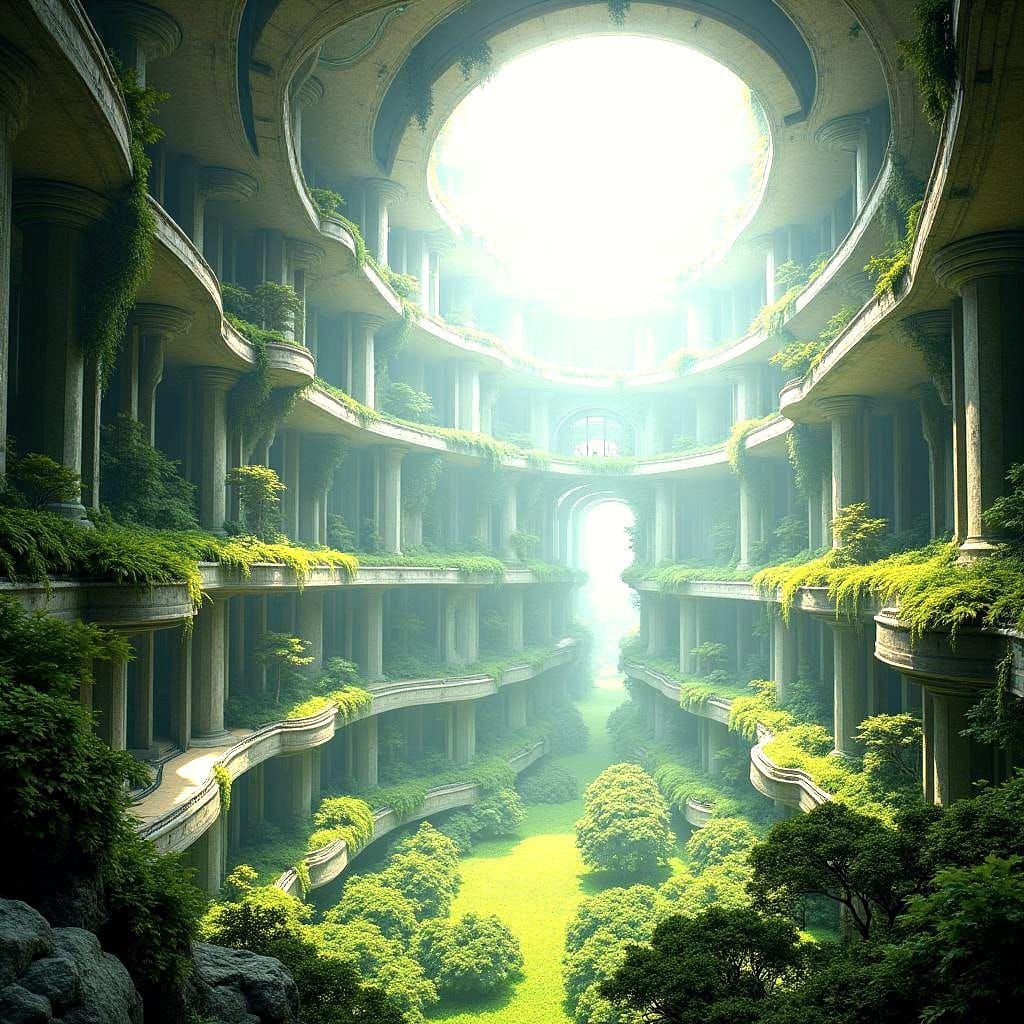 Futuristic Underground Concrete City with Artificial Lightin...