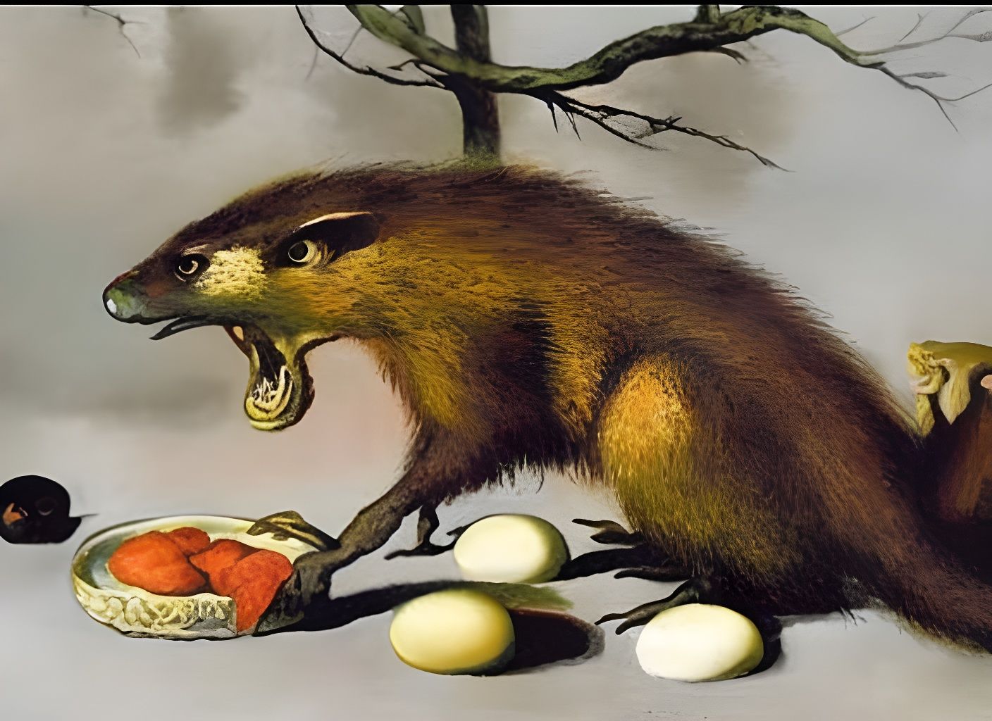 Mongoose Devouring Red Eggs in Dark Fantasy Style