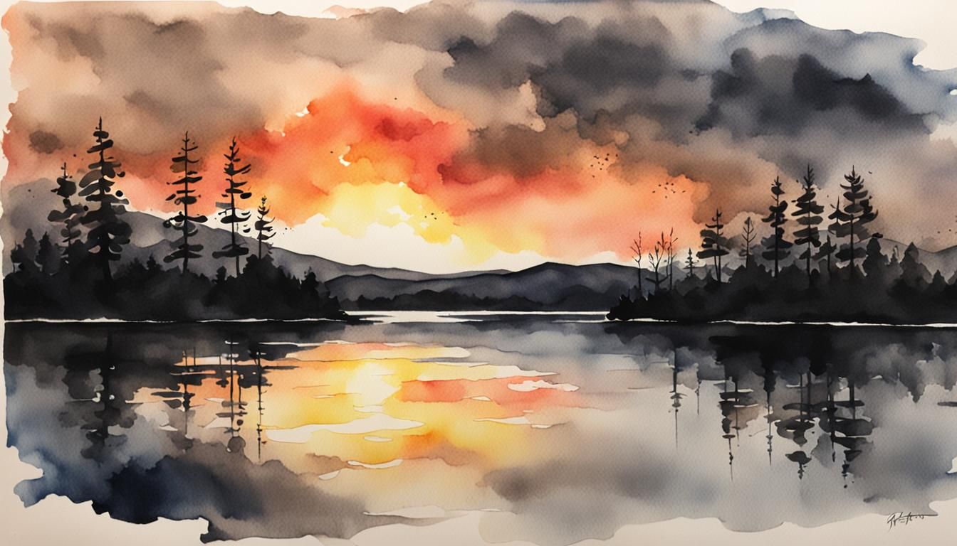 Dark and Moody Watercolor Sunset Over Calm Lake