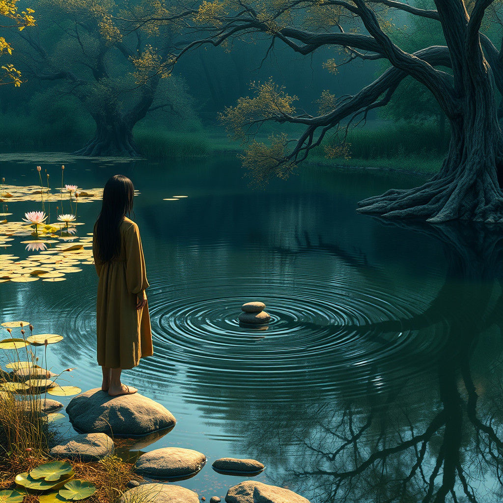 Stone Skipper in Dreamlike Fantasy Landscape