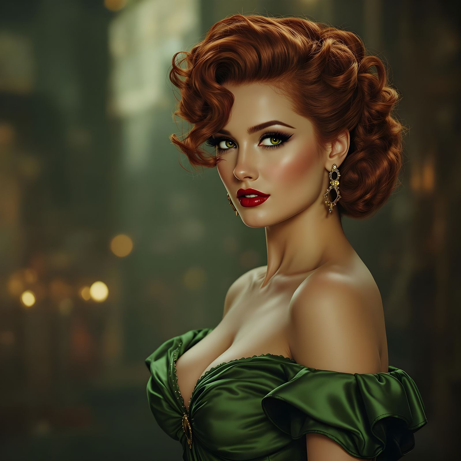 Classic 1940s Femme Fatale in Green Off-the-Shoulder Dress