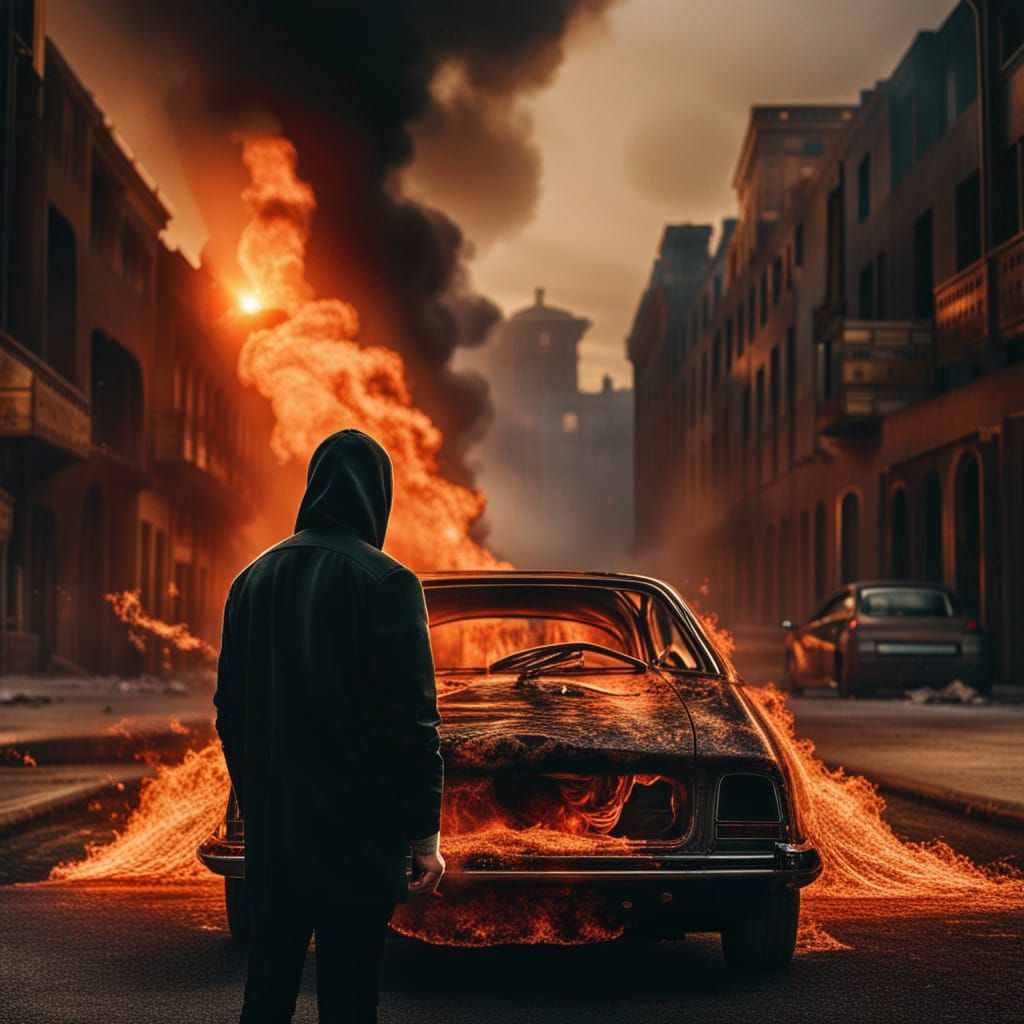 Burning City: Mysterious Figure in Hyperrealistic Scene