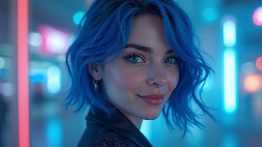 Elegant Woman in Futuristic Dreamscape with Neon Lights