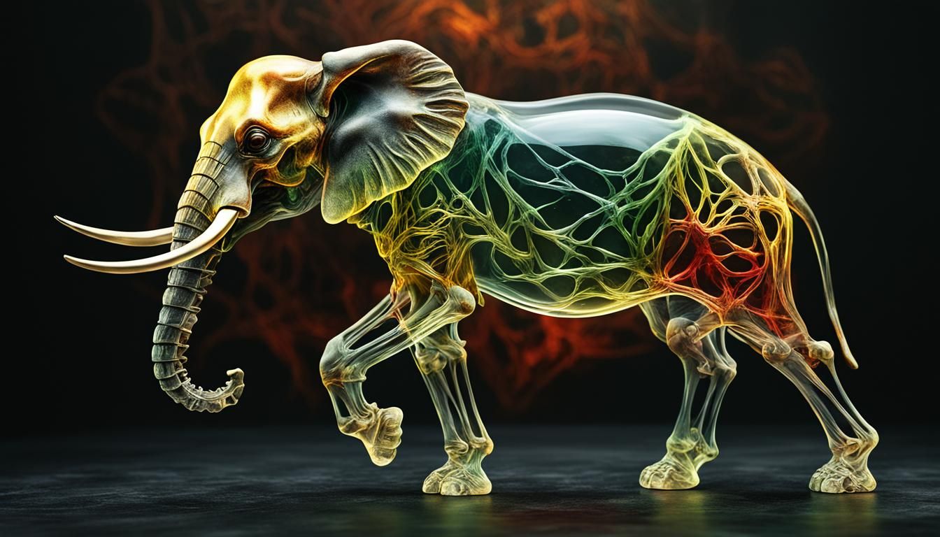 Glass Skeleton Elephant Leaping in Surreal Dark Fantasy