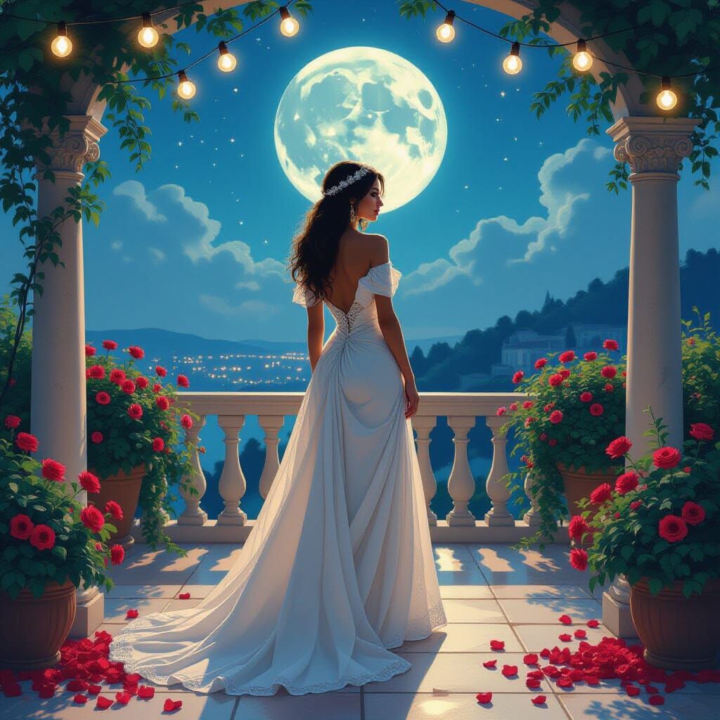 Moonlit Terrace Scene in Art Nouveau Style