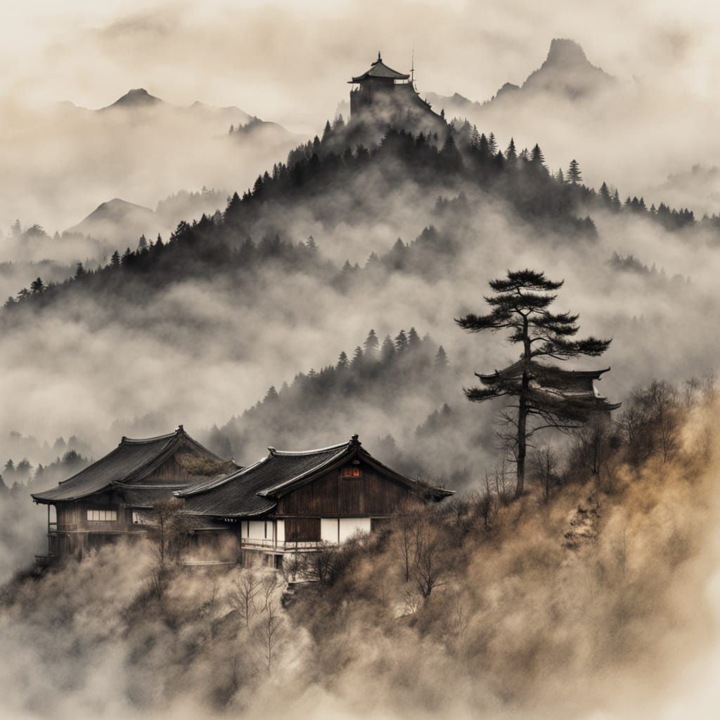 Sumi-e City in Fog: Japanese Houses