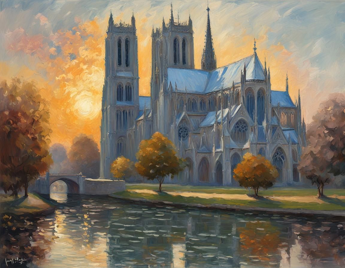 Gothic Cathedral: Impressionist Oil Painting with Visible Br...