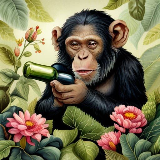 adorable chimpanzee drinking wine, literally covered with fl...