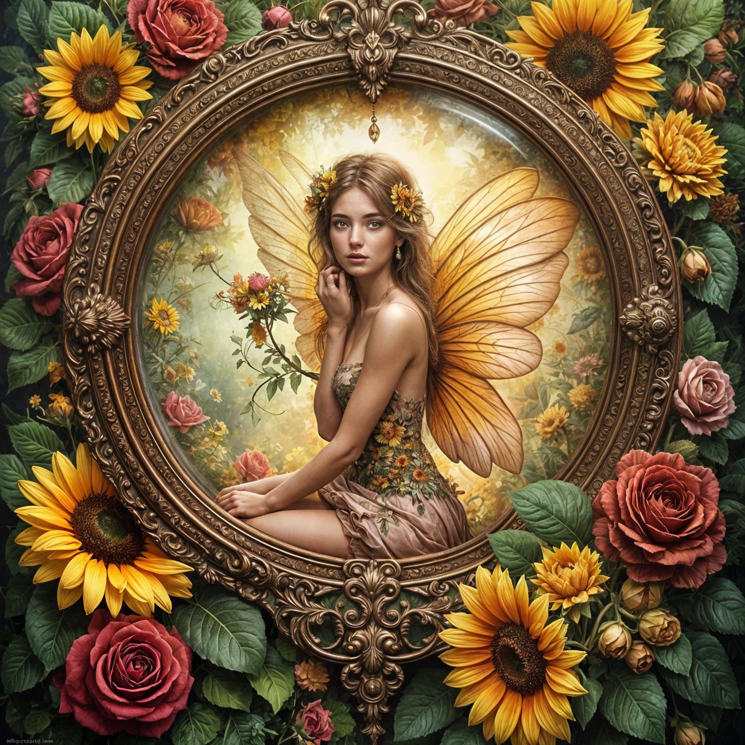 Floral Fairy Inside Magnifier with Sunflowers and Roses