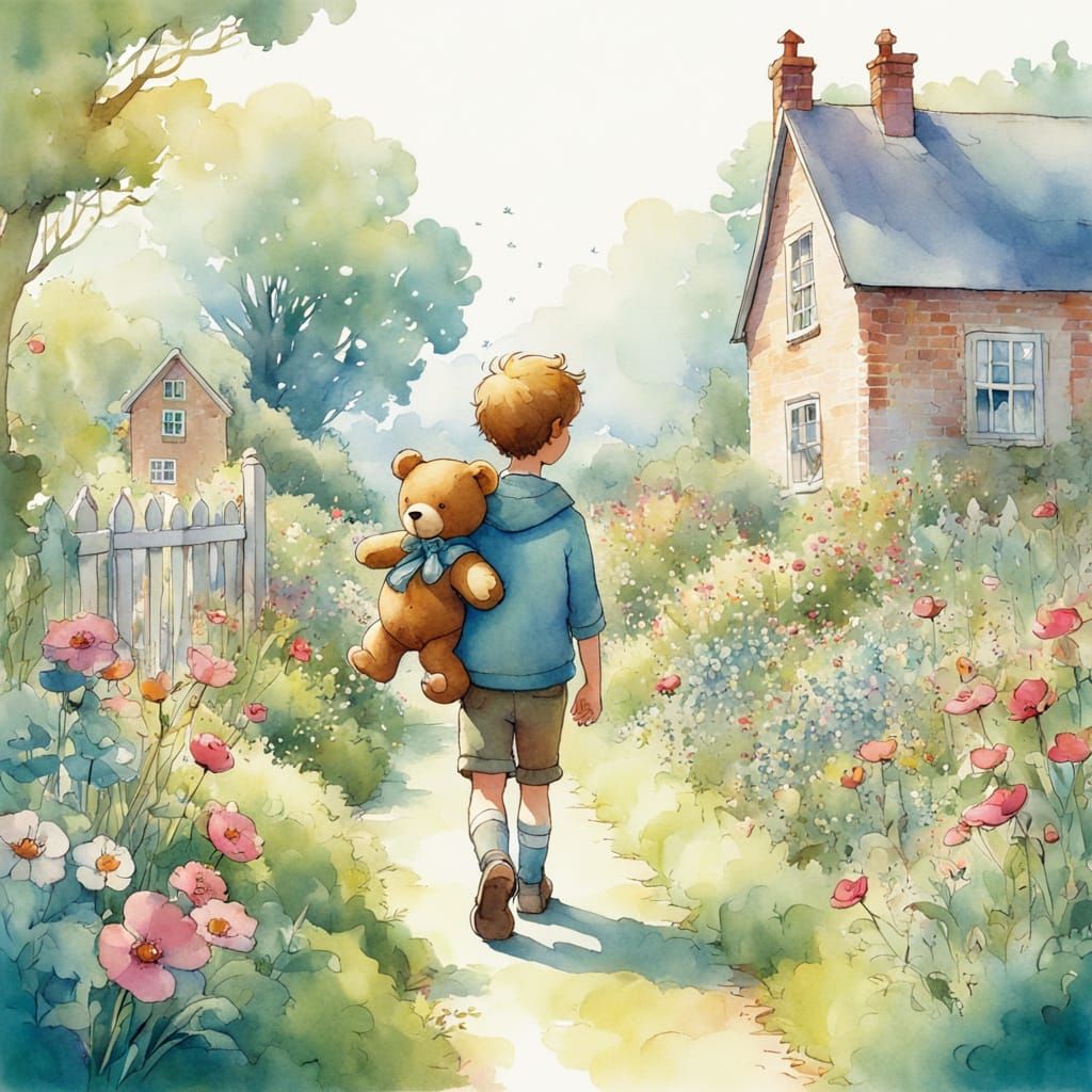Boy with Teddy Bear in Watercolor Garden