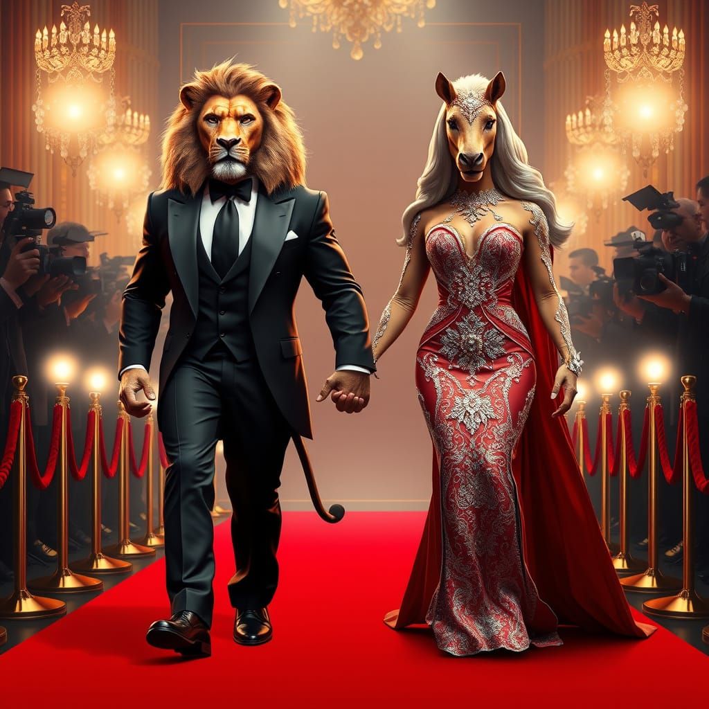 Regal Lion Humanoids Stride Down Luxurious Red Carpet