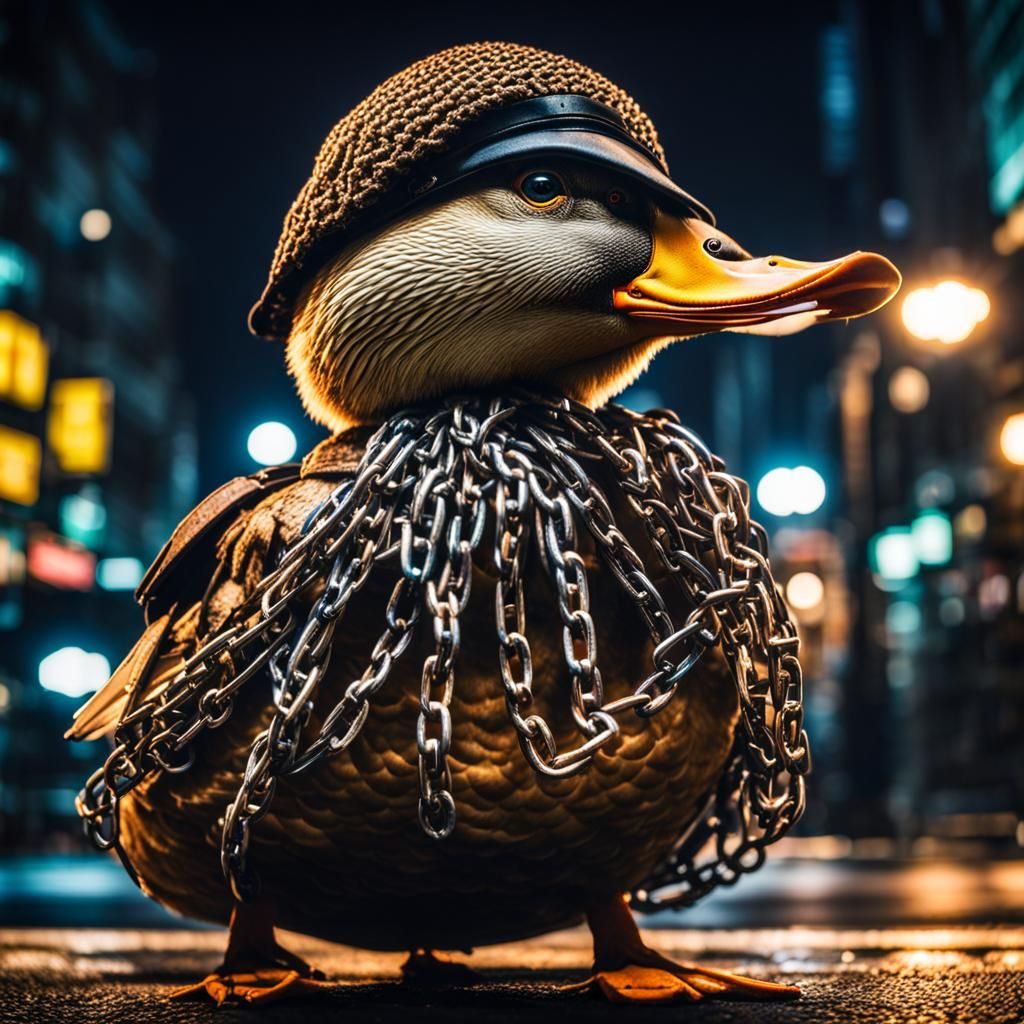 Rapper Duck in Tokyo at Night: Hyperrealistic Image