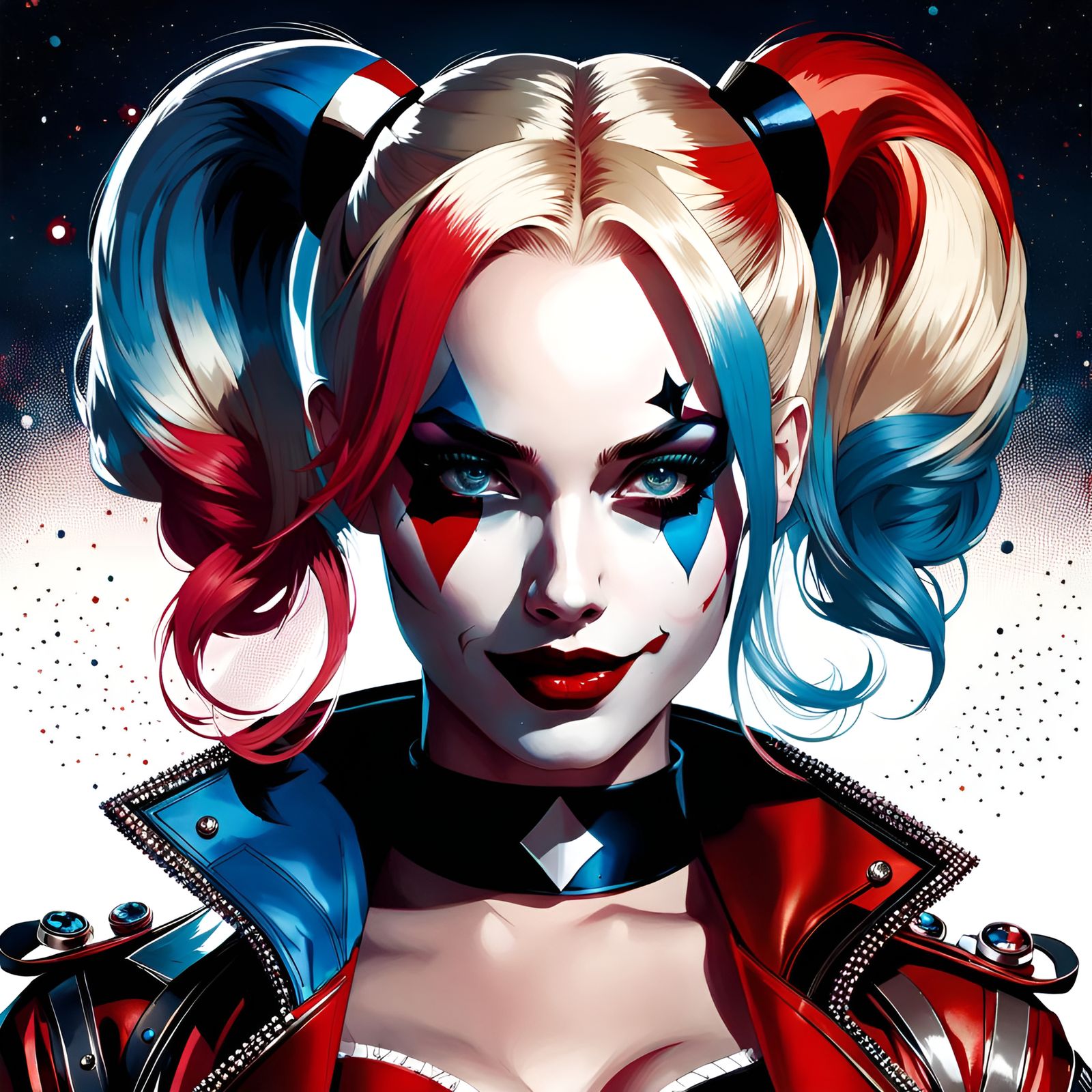Harley Quinn Portrait with Red and Blue Filigree