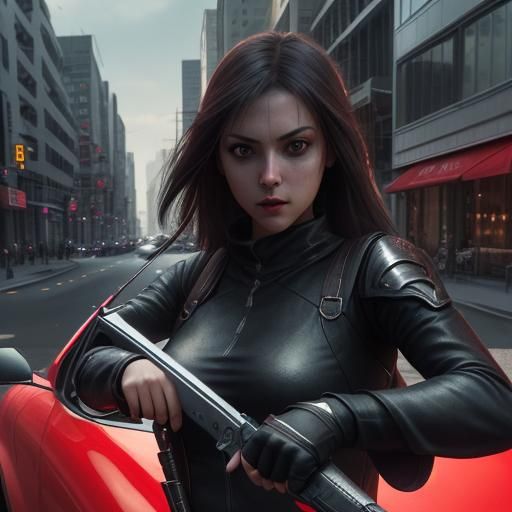 Assassin Girl Car Selfie in City, Realistic 4K HDR