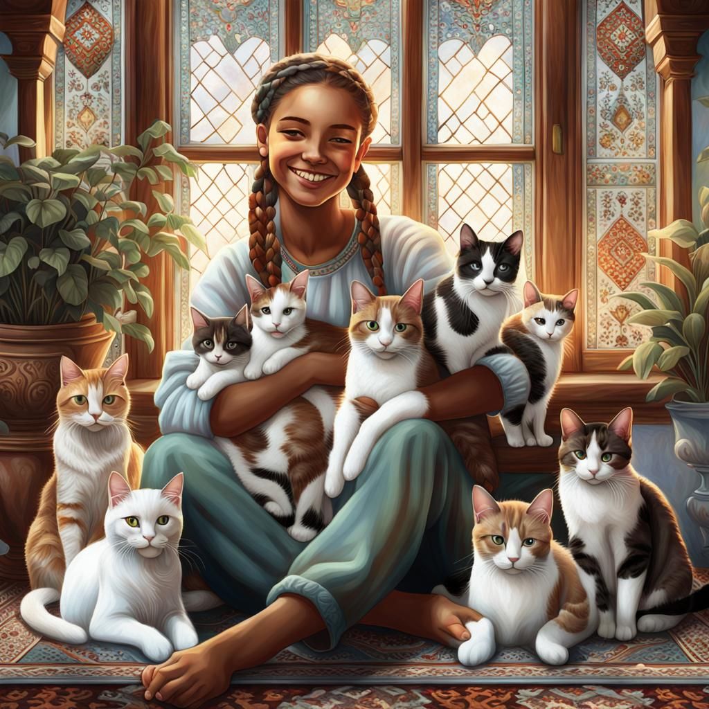 Girl with Cats in Hyperrealistic Digital Art