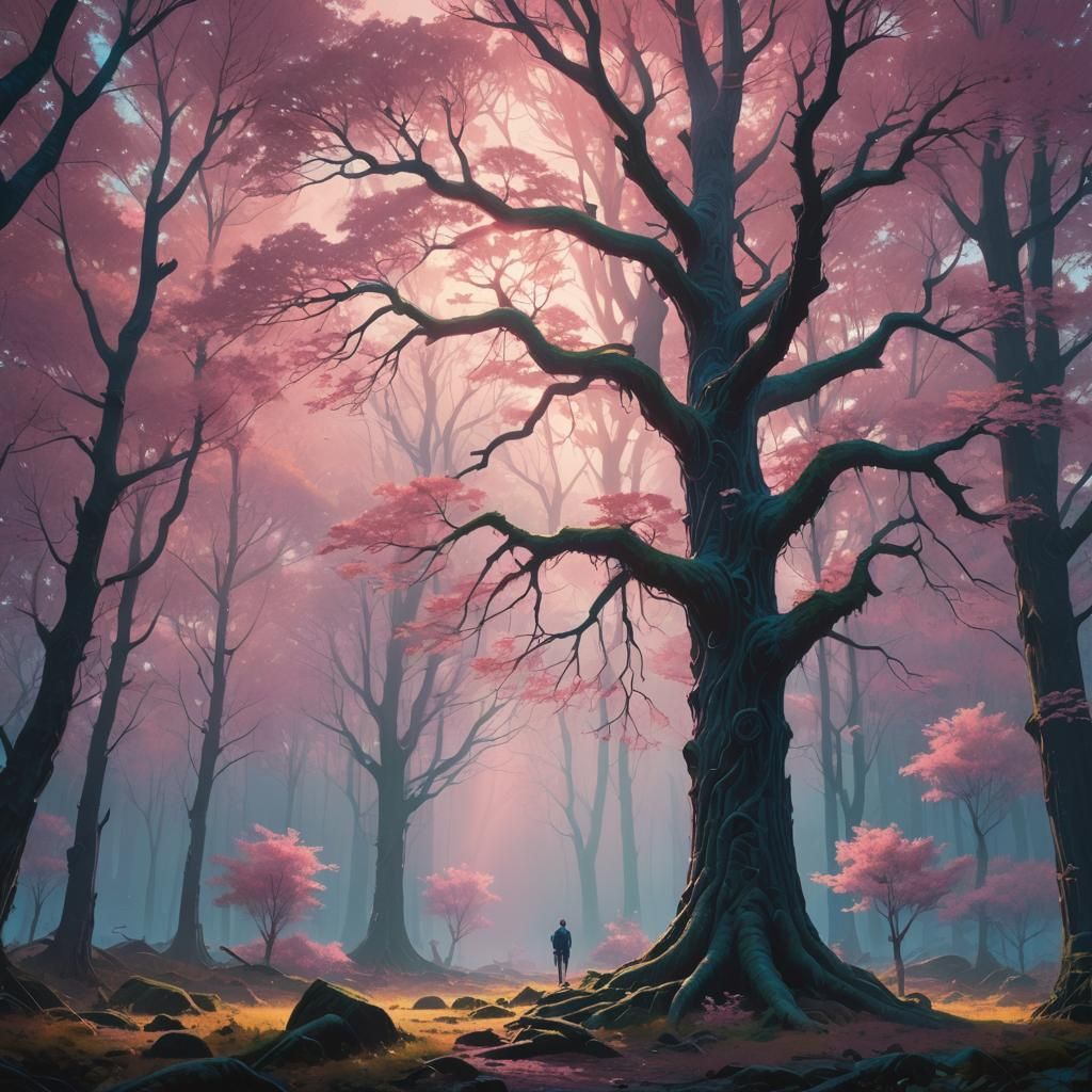 Pink Tree in Iridescent Forest: Fantasy Concept Art