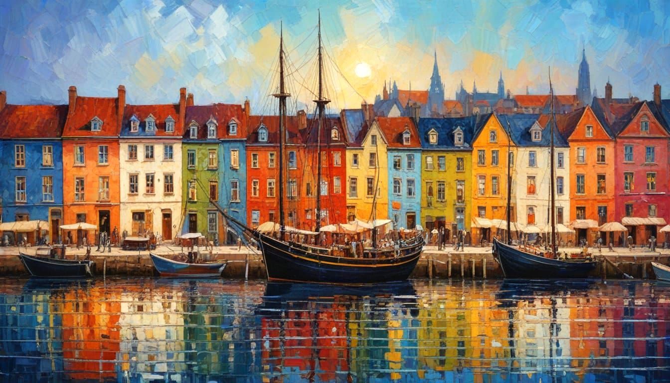 17th Century English Harbor Scene in Vibrant Expressionist S...