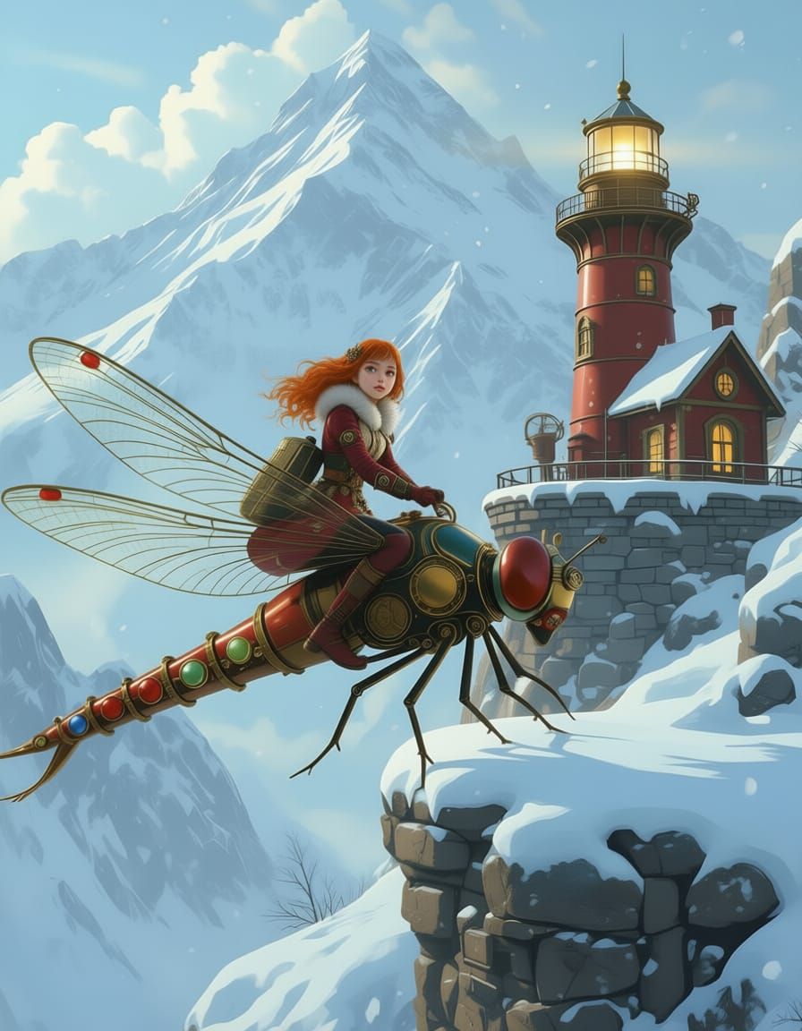 Steampunk Dragonfly with Rider Near Snowy Lighthouse