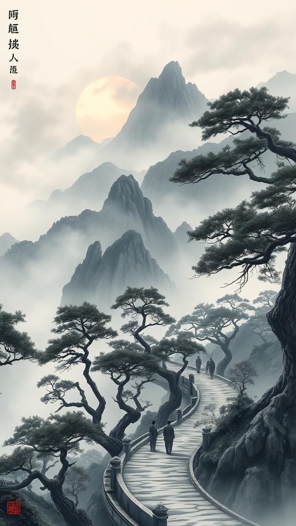 Scholars in Misty Mountains: Ink Wash Painting