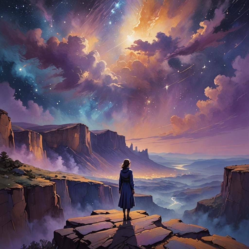 Woman Overlooking Starry Sky in Ethereal Art Style