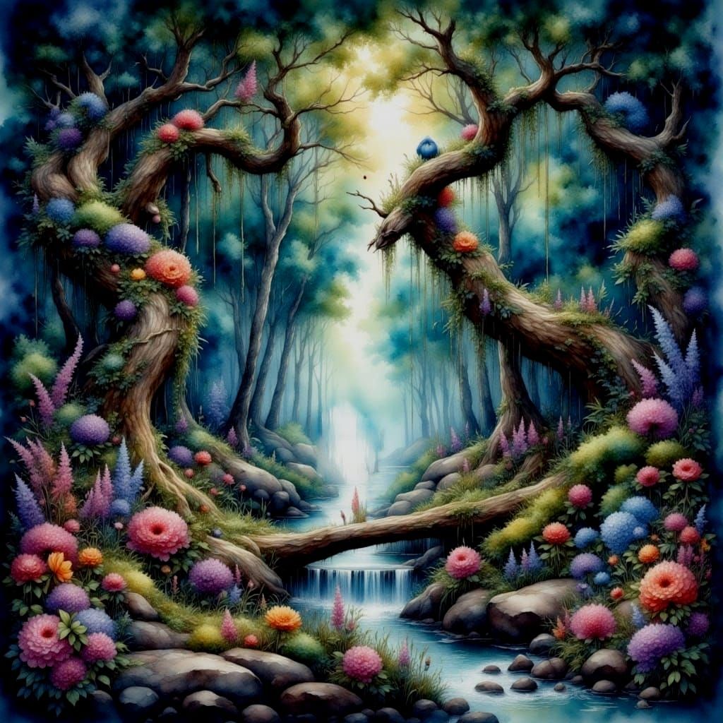 Enchanted Forest at Midnight in Watercolor Style