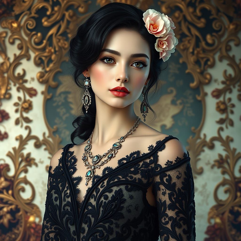 A vintage-inspired portrait features a woman with elegant da...
