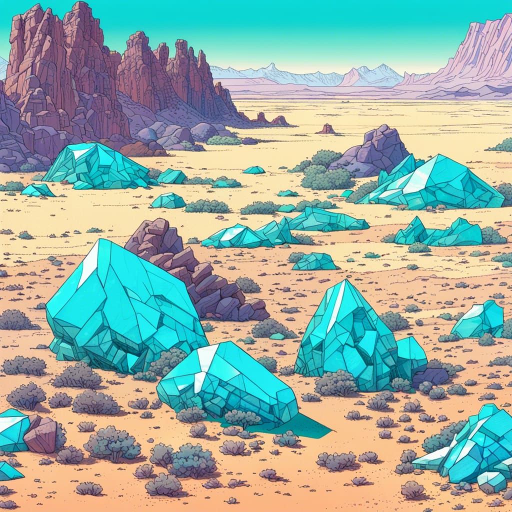 Crashed Starships and Teal Crystals in Desert Landscape