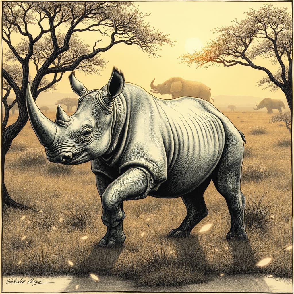 Dancing Rhinoceros in Fine Etching Style