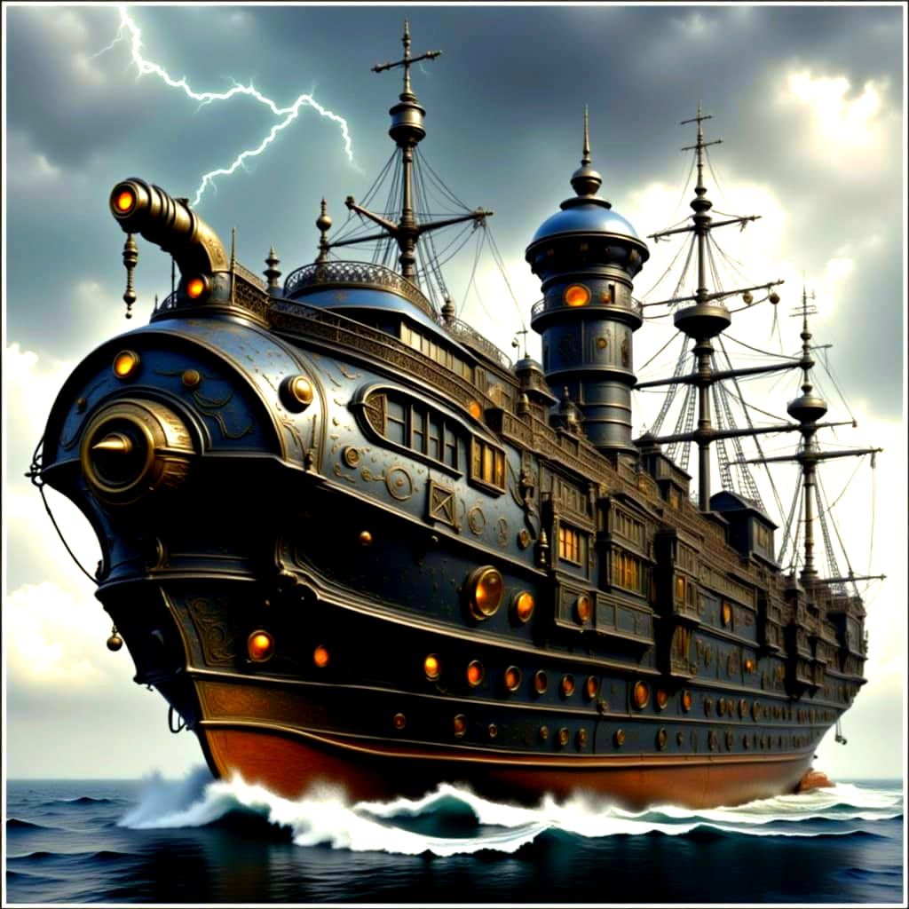 Steampunk Pirate Ship in Stormy Seas