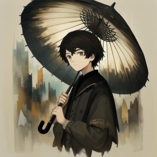 Young Boy Holding Umbrella in Distressed Papier-Mâché Style