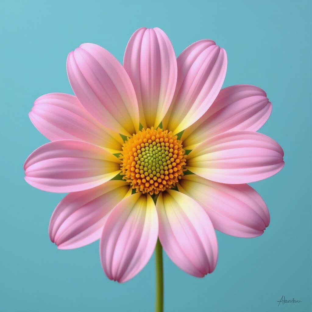 Surreal Smiling Flower with Pink Petals and Yellow Center