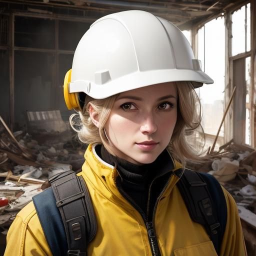 Woman Worker Portrait in Demolition Site, Professional Photo...